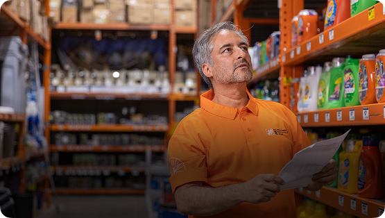 A man in an orange polo shirt organizing products on a store shelf